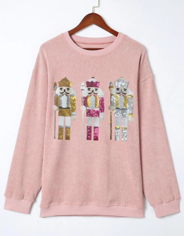 Pink Christmas Nutcracker Pattern Ribbed Oversized Sweatshirt