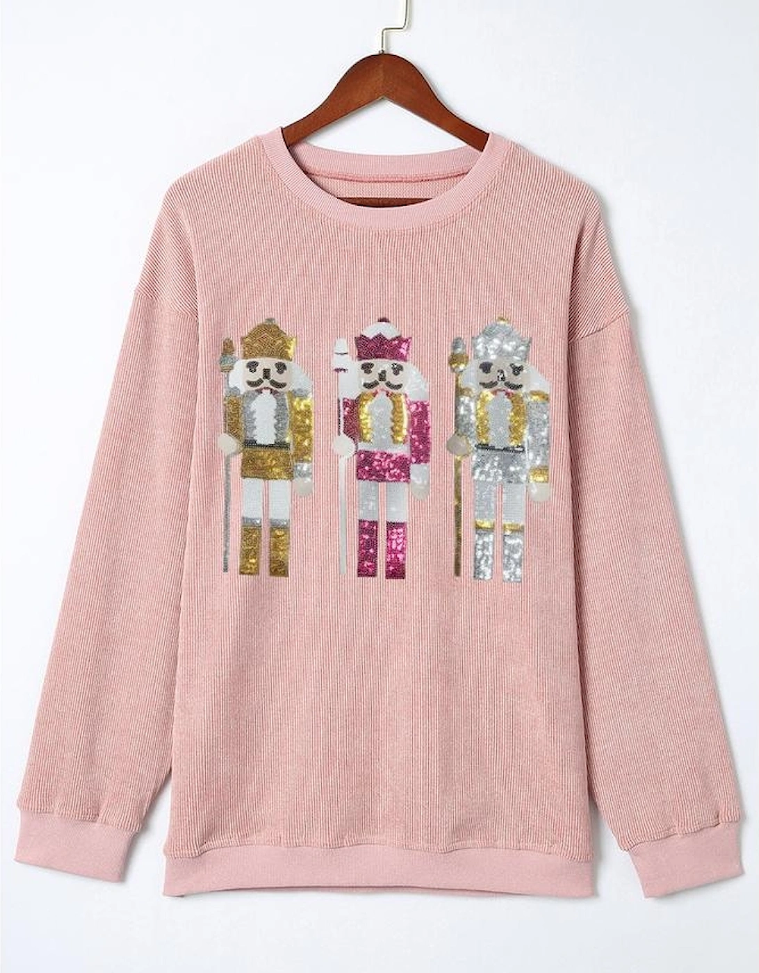 Pink Christmas Nutcracker Pattern Ribbed Oversized Sweatshirt