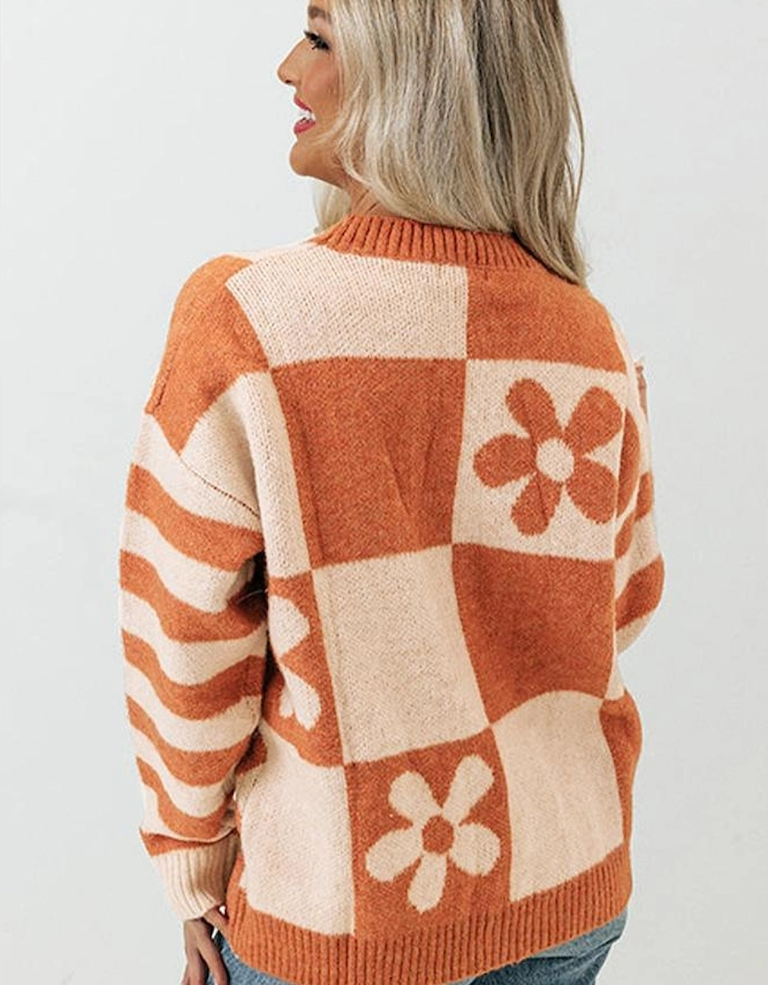 Brown Checkered Floral Print Striped Sleeve Sweater