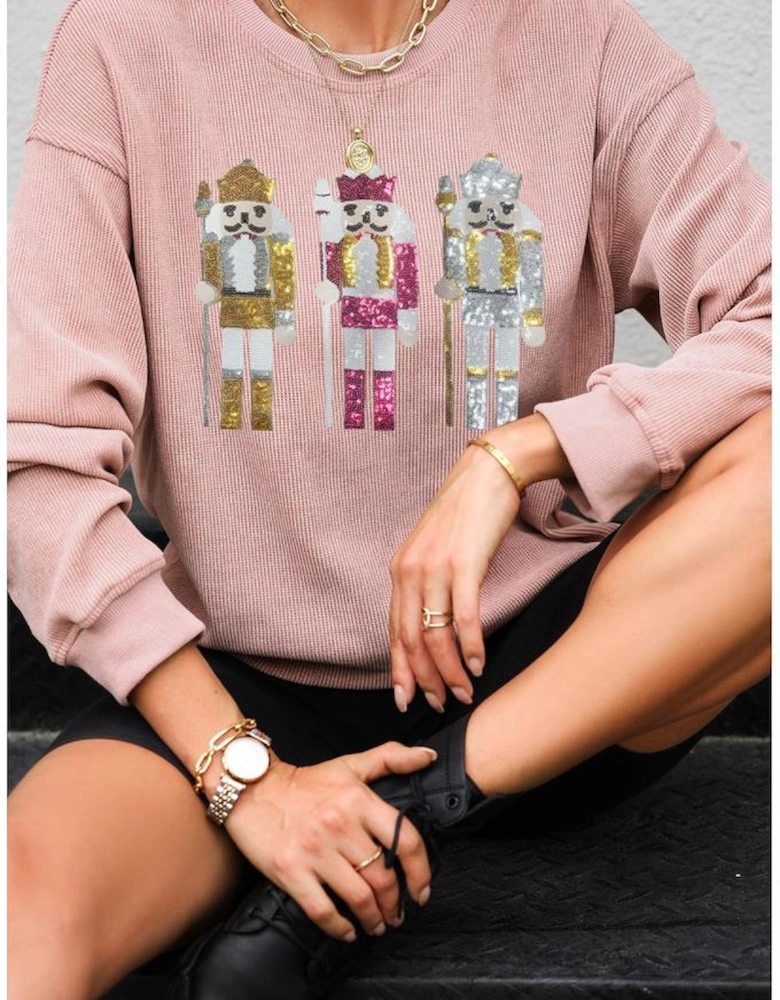Pink Christmas Nutcracker Pattern Ribbed Oversized Sweatshirt