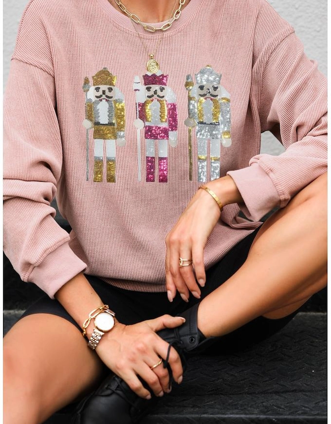 Pink Christmas Nutcracker Pattern Ribbed Oversized Sweatshirt