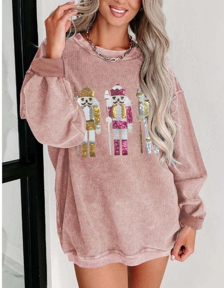 Pink Christmas Nutcracker Pattern Ribbed Oversized Sweatshirt
