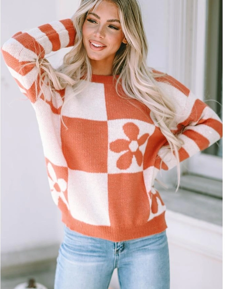 Brown Checkered Floral Print Striped Sleeve Sweater