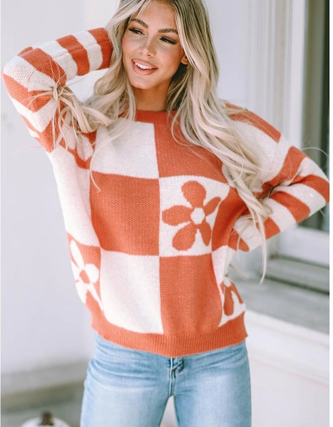 Brown Checkered Floral Print Striped Sleeve Sweater