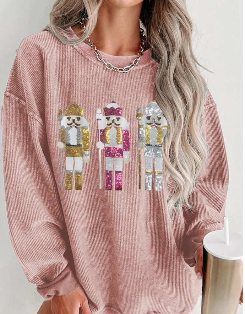 Pink Christmas Nutcracker Pattern Ribbed Oversized Sweatshirt