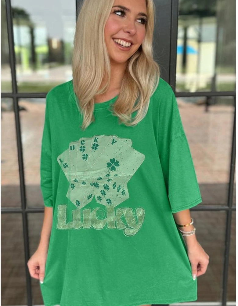 Bright Green Rhinestone Lucky Poker Cards Oversized T Shirt Mini Dress