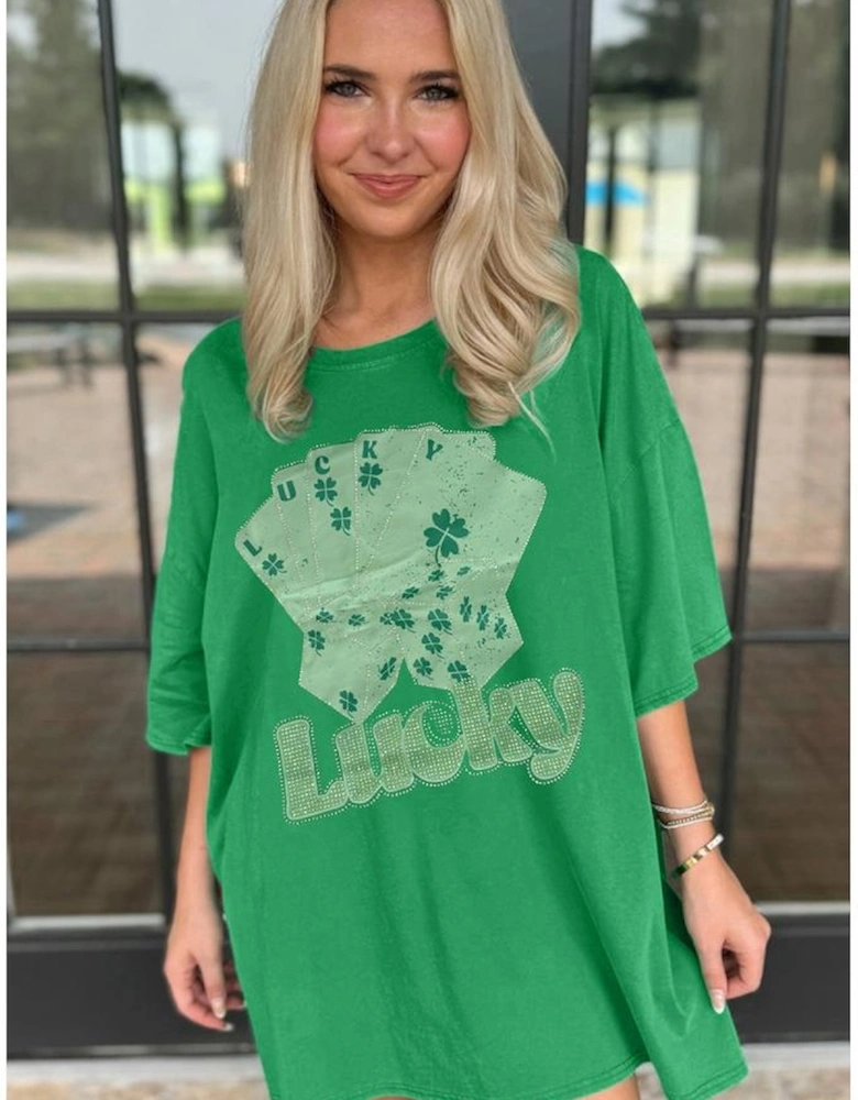 Bright Green Rhinestone Lucky Poker Cards Oversized T Shirt Mini Dress