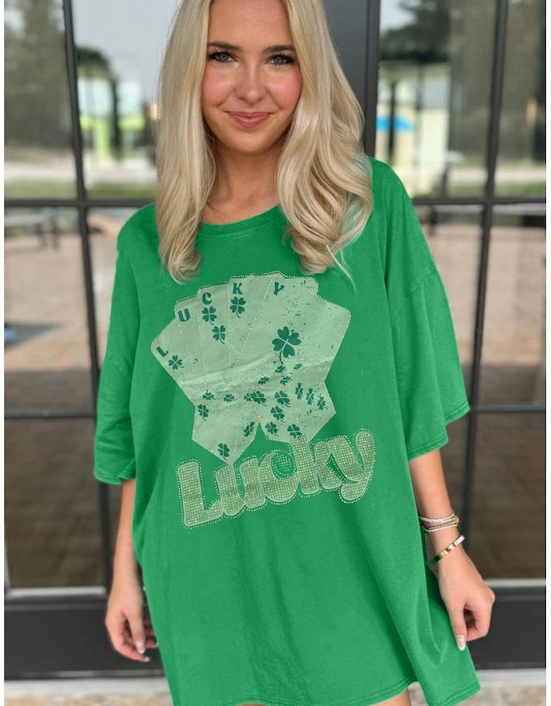 Bright Green Rhinestone Lucky Poker Cards Oversized T Shirt Mini Dress