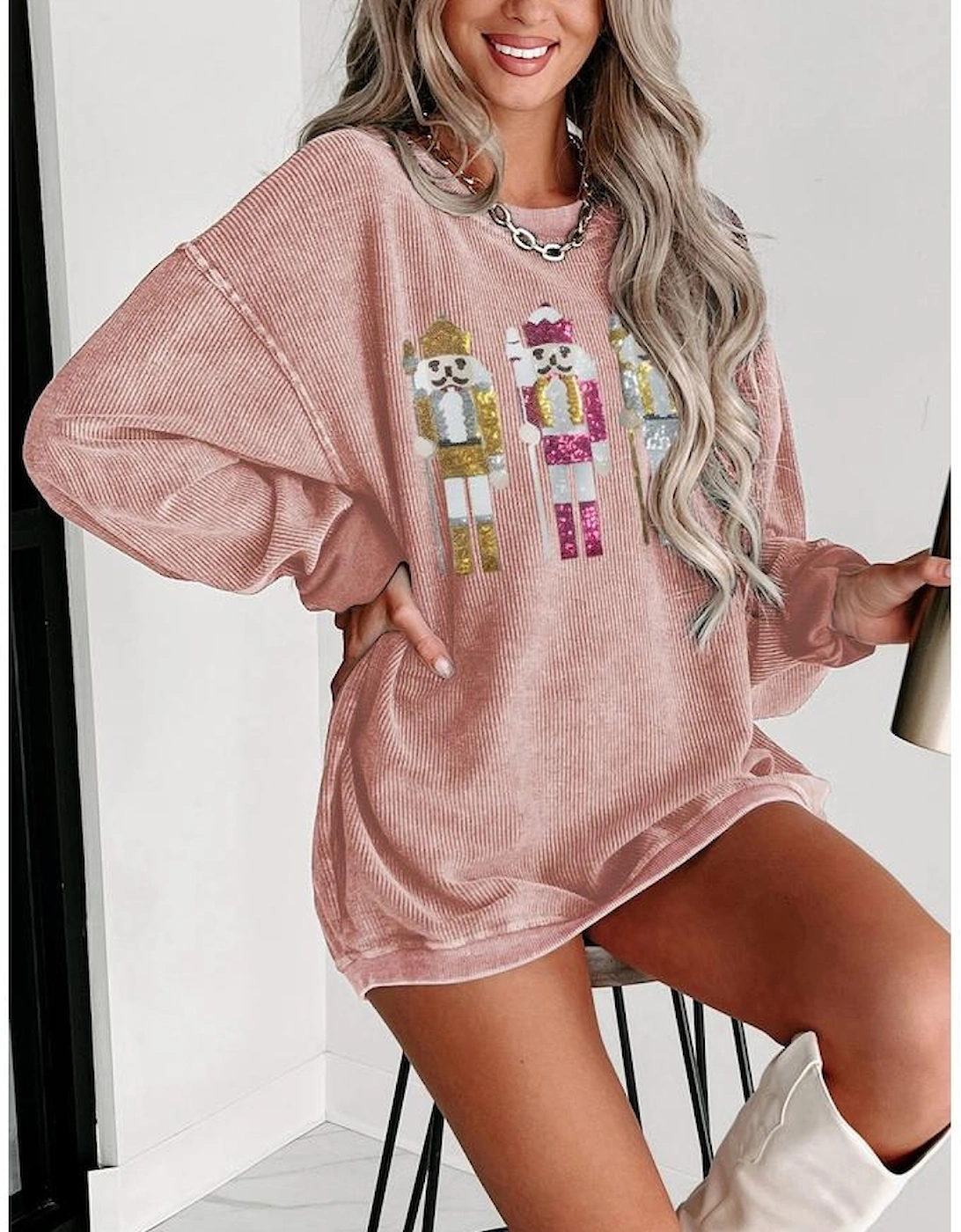 Pink Christmas Nutcracker Pattern Ribbed Oversized Sweatshirt, 6 of 5