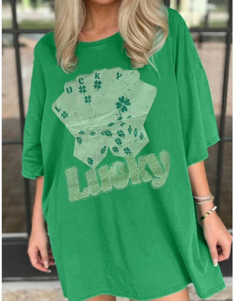 Bright Green Rhinestone Lucky Poker Cards Oversized T Shirt Mini Dress