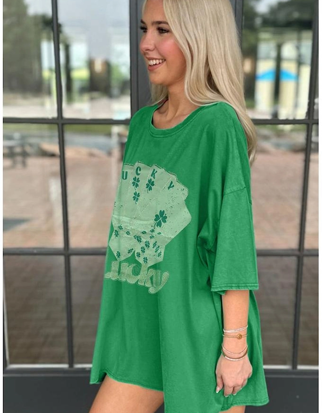 Bright Green Rhinestone Lucky Poker Cards Oversized T Shirt Mini Dress