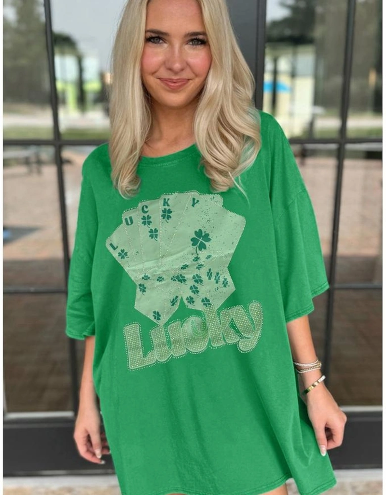 Bright Green Rhinestone Lucky Poker Cards Oversized T Shirt Mini Dress