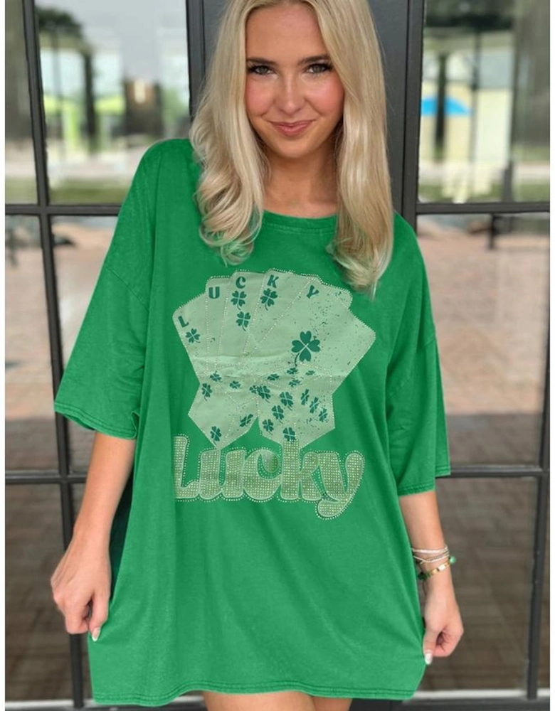 Bright Green Rhinestone Lucky Poker Cards Oversized T Shirt Mini Dress