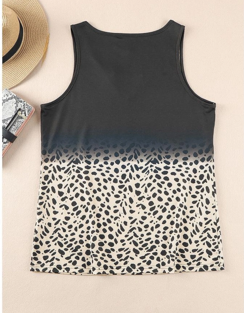 Black Gradient Leopard Split Neck Tank Top