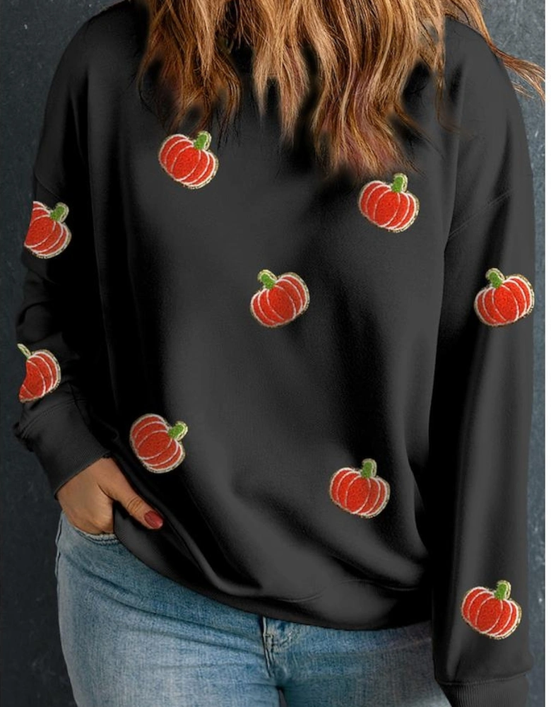 Black Chenille Pumpkin Patched Drop Shoulder Plus Size Sweatshirt