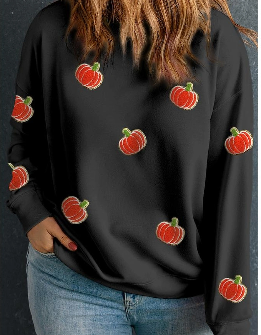 Black Chenille Pumpkin Patched Drop Shoulder Plus Size Sweatshirt