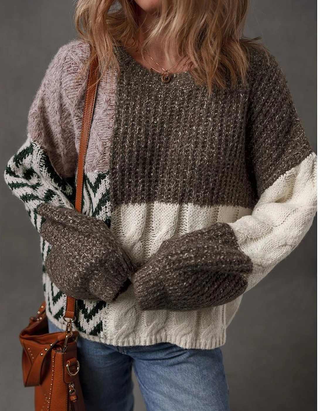 Brown Color Block Patchwork Knotted Back Loose Fit Sweater, 3 of 2