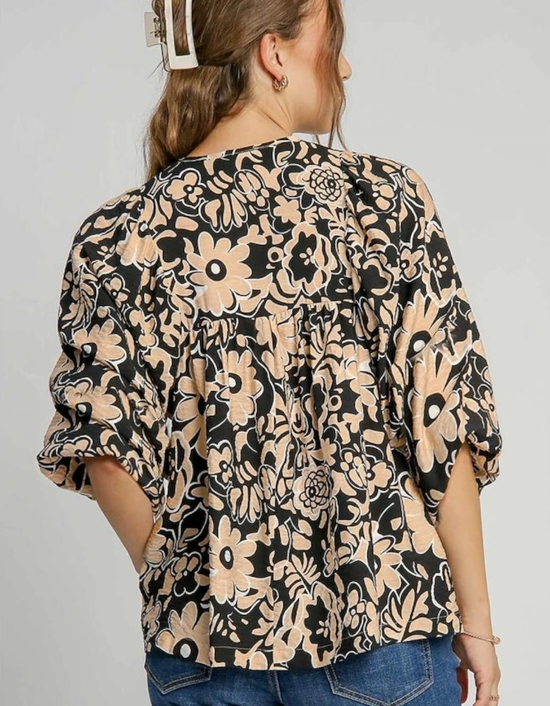 Black Floral Shirred Yoke Bracelet Sleeve Split Neck Boho Blouse