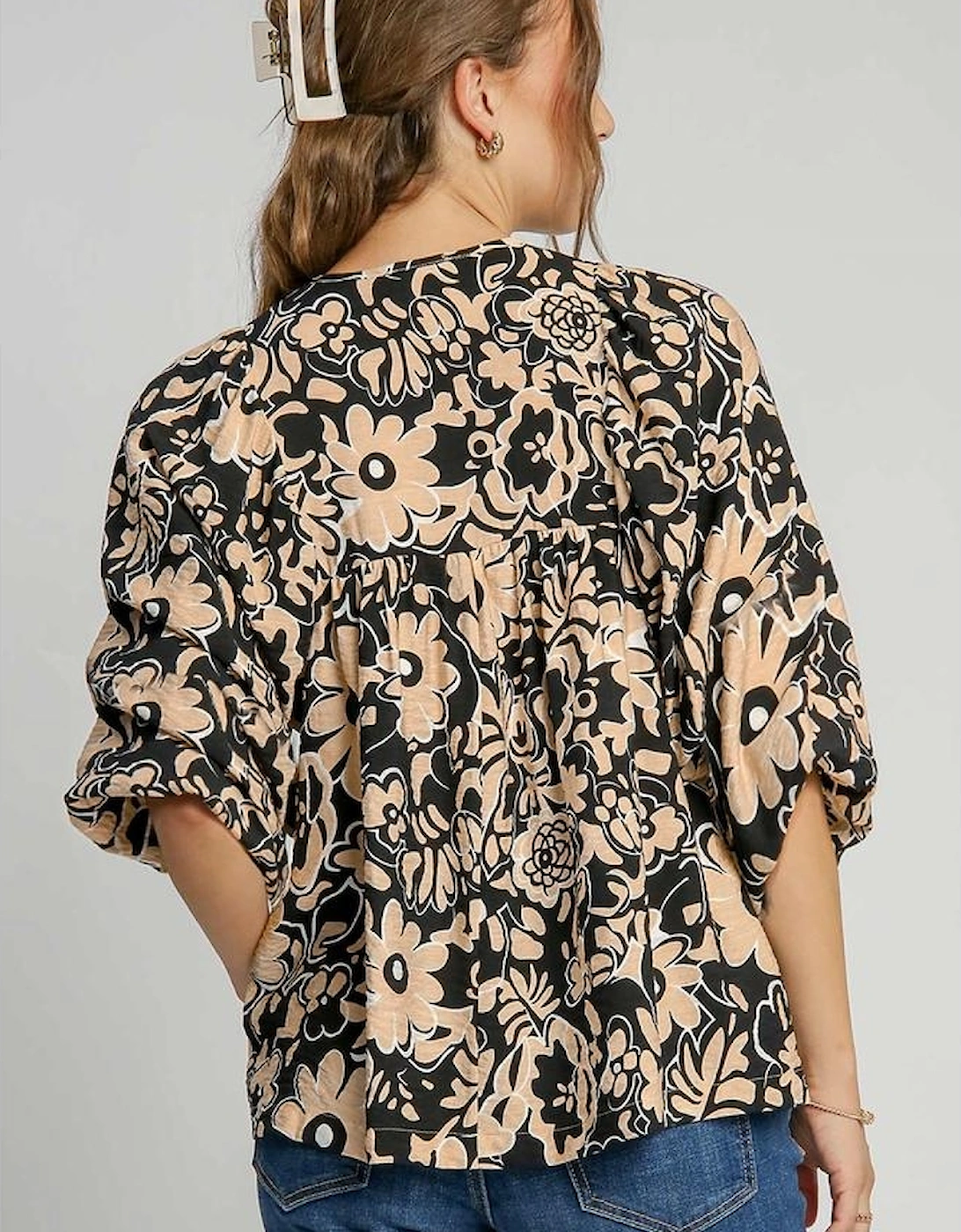 Black Floral Shirred Yoke Bracelet Sleeve Split Neck Boho Blouse