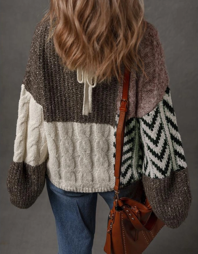 Brown Color Block Patchwork Knotted Back Loose Fit Sweater