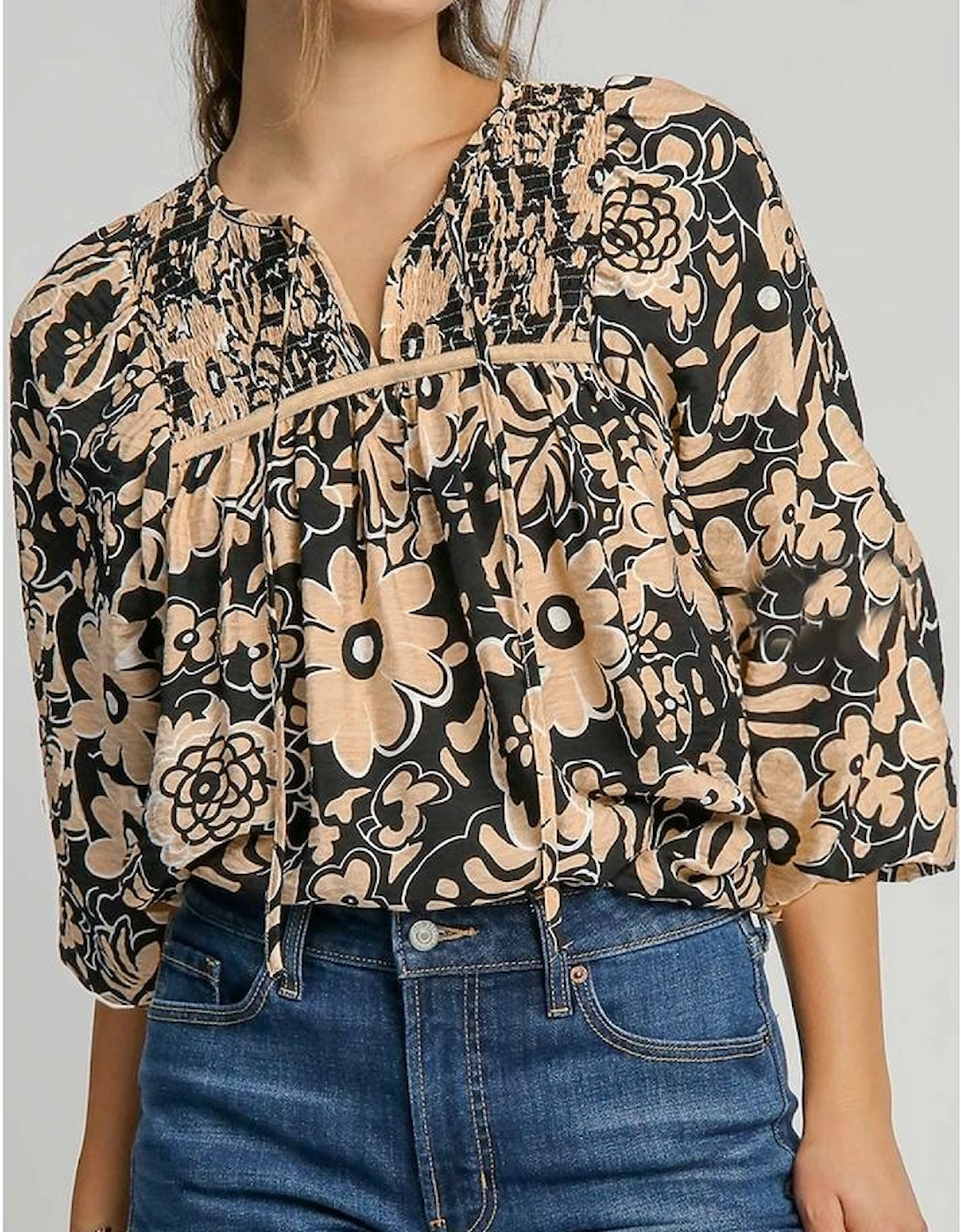 Black Floral Shirred Yoke Bracelet Sleeve Split Neck Boho Blouse, 11 of 10