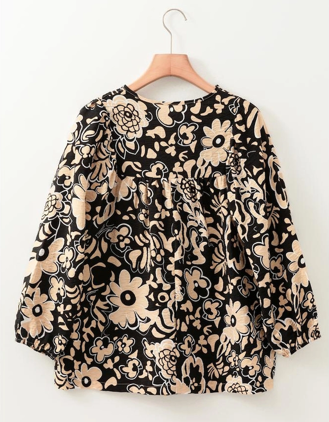 Black Floral Shirred Yoke Bracelet Sleeve Split Neck Boho Blouse