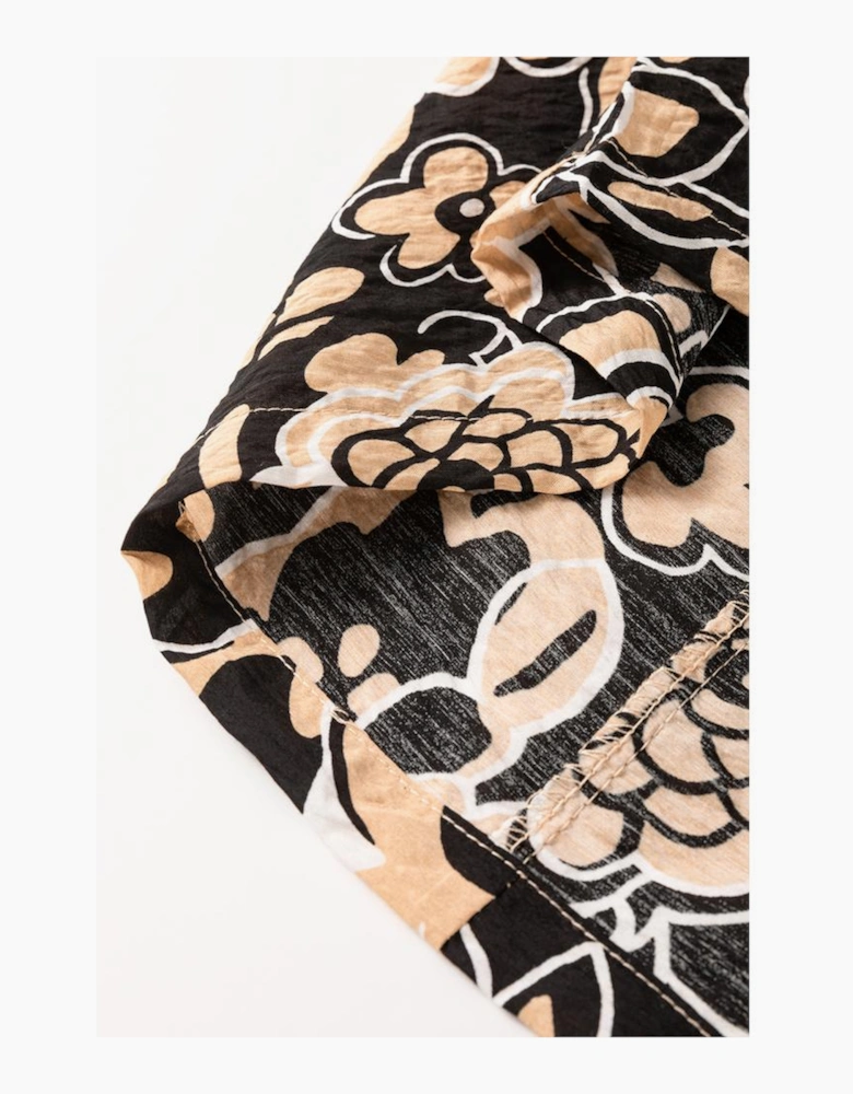 Black Floral Shirred Yoke Bracelet Sleeve Split Neck Boho Blouse