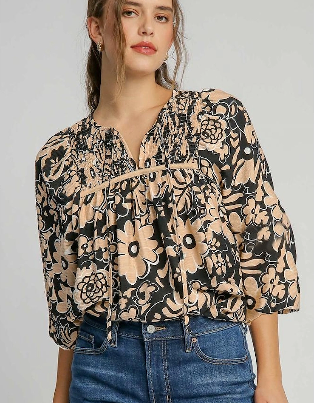 Black Floral Shirred Yoke Bracelet Sleeve Split Neck Boho Blouse