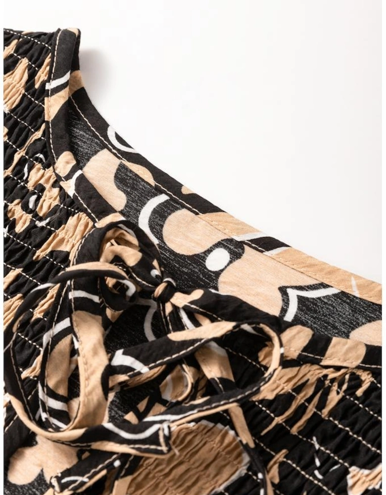 Black Floral Shirred Yoke Bracelet Sleeve Split Neck Boho Blouse