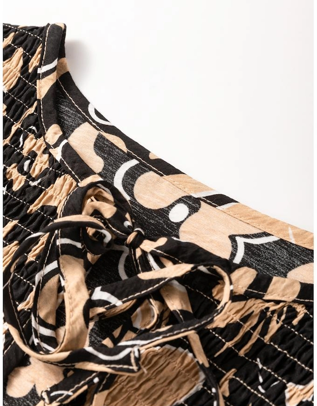 Black Floral Shirred Yoke Bracelet Sleeve Split Neck Boho Blouse