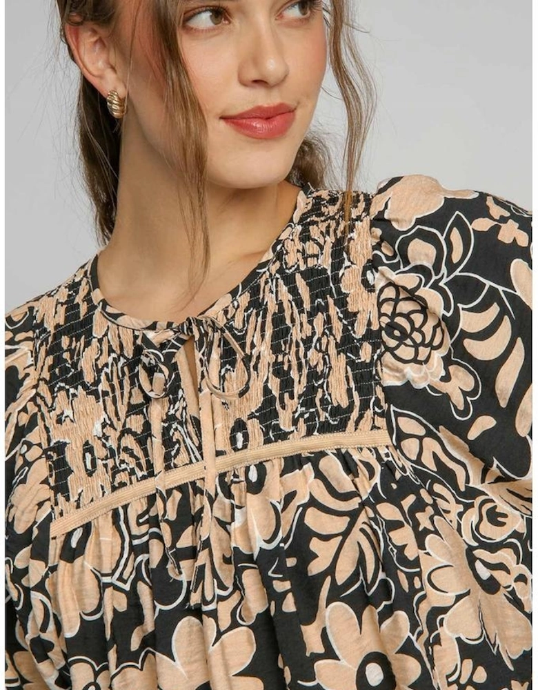 Black Floral Shirred Yoke Bracelet Sleeve Split Neck Boho Blouse