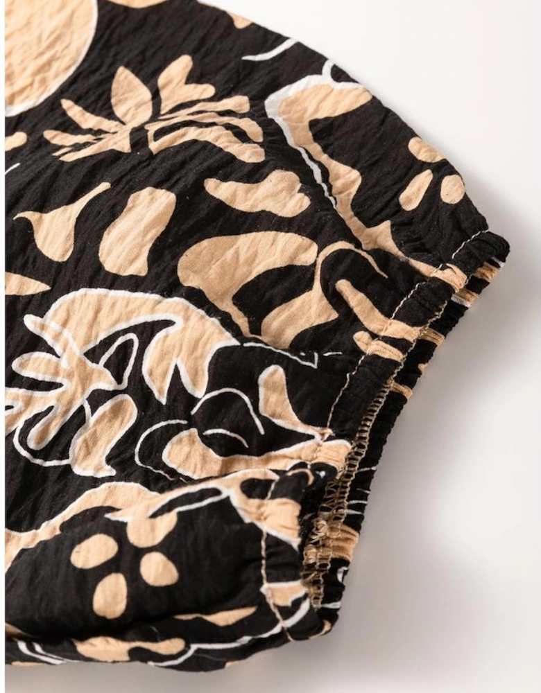 Black Floral Shirred Yoke Bracelet Sleeve Split Neck Boho Blouse