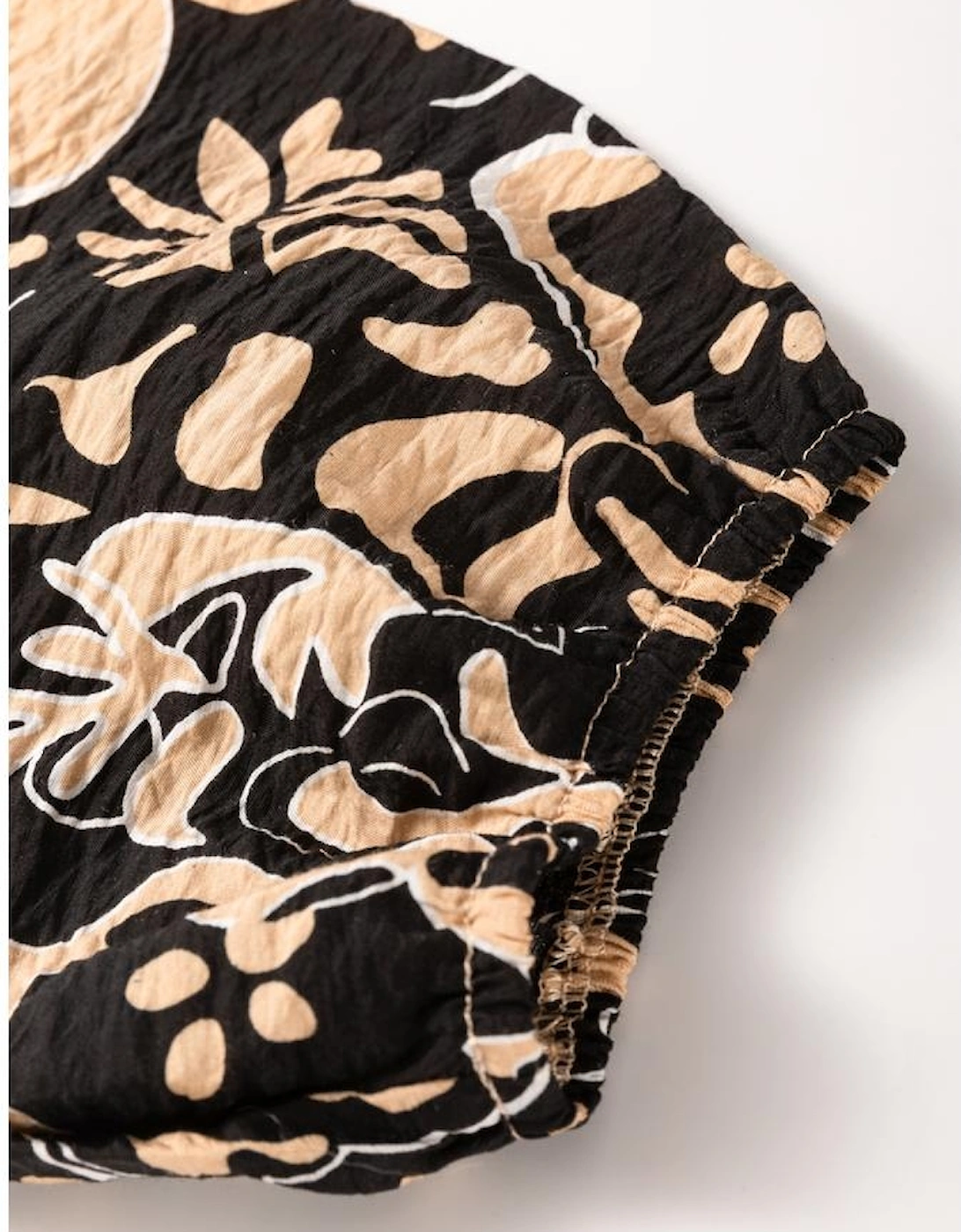 Black Floral Shirred Yoke Bracelet Sleeve Split Neck Boho Blouse