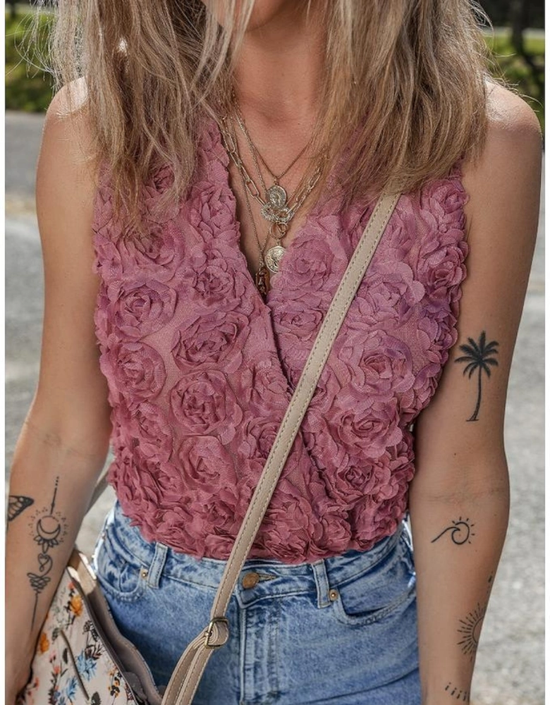 Heather Floral Textured V Neck Wrapped Sleeveless Bodysuit