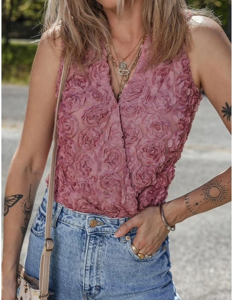 Heather Floral Textured V Neck Wrapped Sleeveless Bodysuit