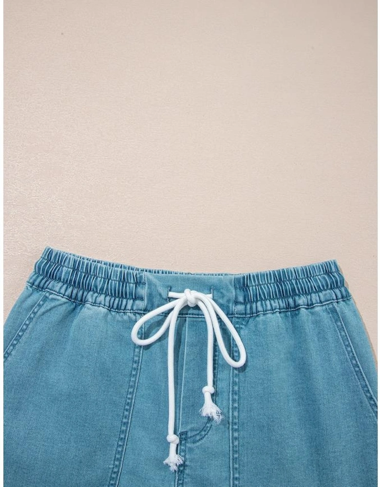 Beau Blue Contrast Drawstring Elastic Waist Denim Shorts