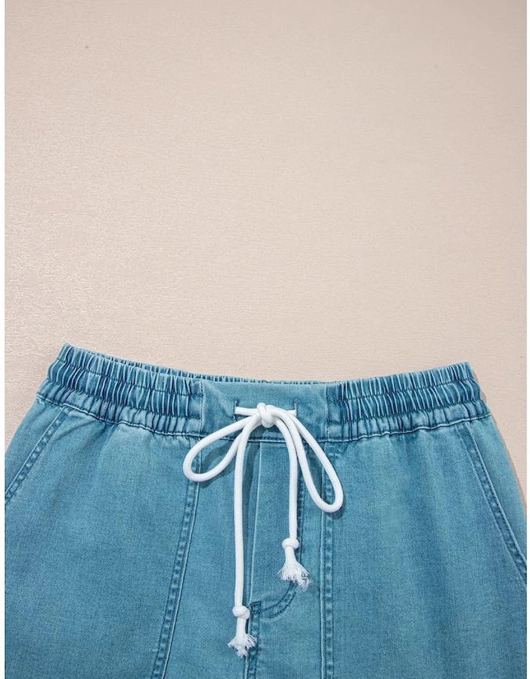 Beau Blue Contrast Drawstring Elastic Waist Denim Shorts