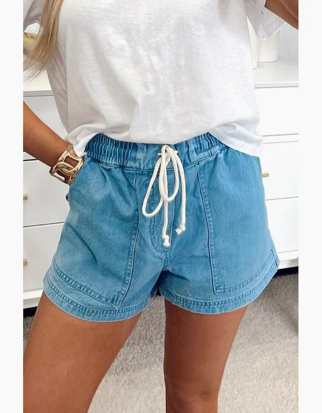 Beau Blue Contrast Drawstring Elastic Waist Denim Shorts, 12 of 11