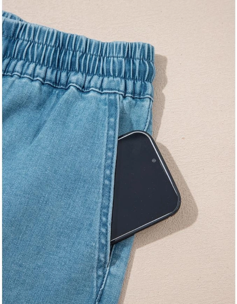 Beau Blue Contrast Drawstring Elastic Waist Denim Shorts