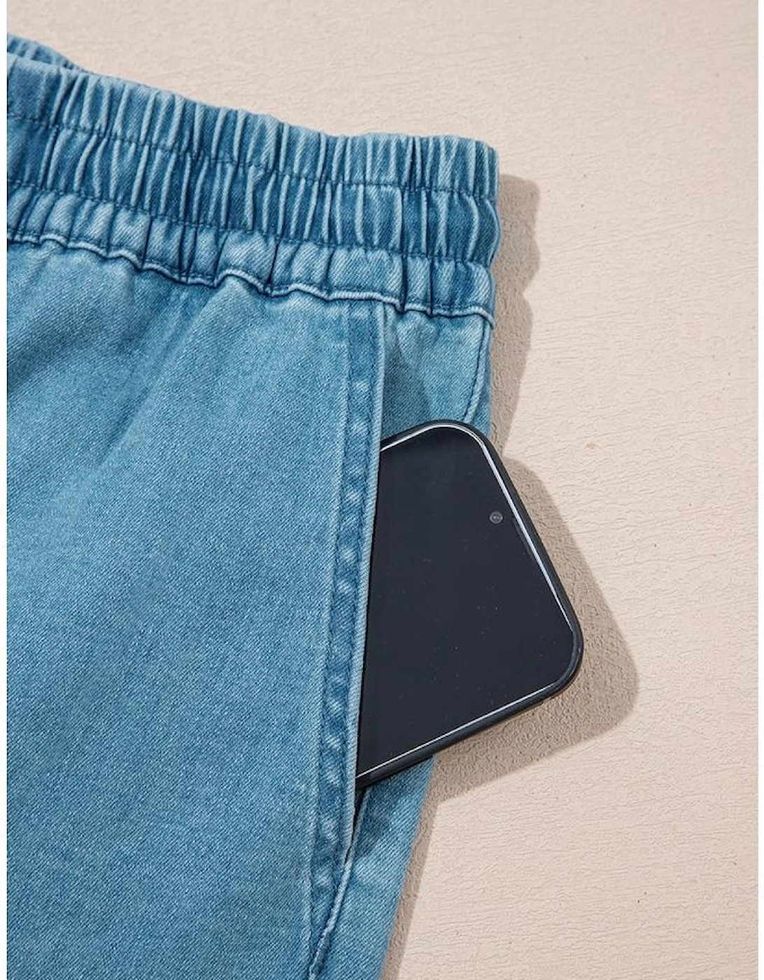 Beau Blue Contrast Drawstring Elastic Waist Denim Shorts