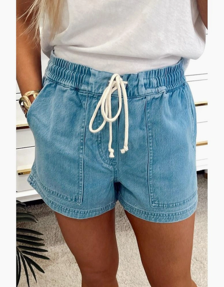 Beau Blue Contrast Drawstring Elastic Waist Denim Shorts