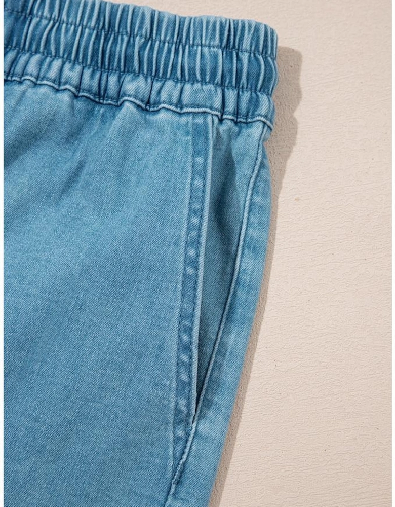 Beau Blue Contrast Drawstring Elastic Waist Denim Shorts