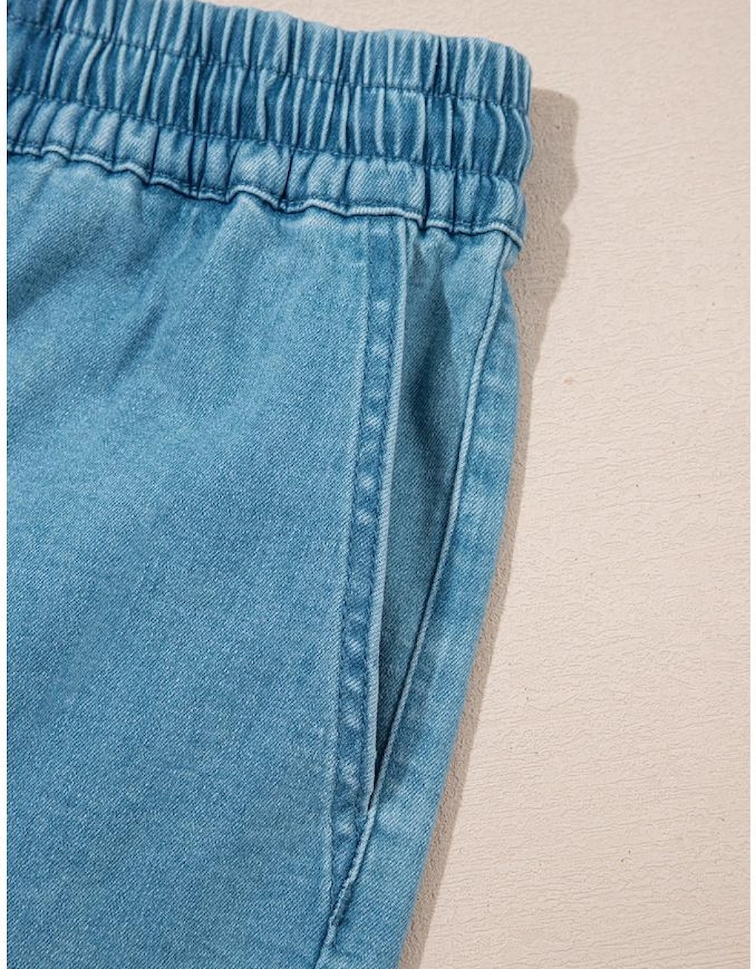 Beau Blue Contrast Drawstring Elastic Waist Denim Shorts