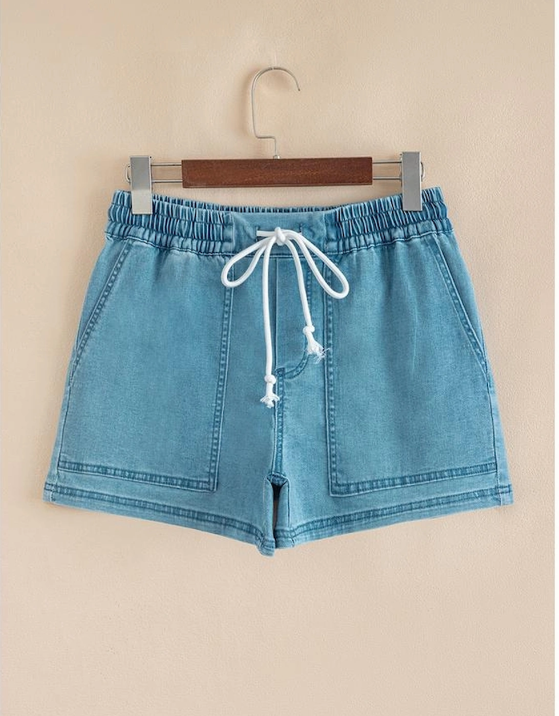 Beau Blue Contrast Drawstring Elastic Waist Denim Shorts