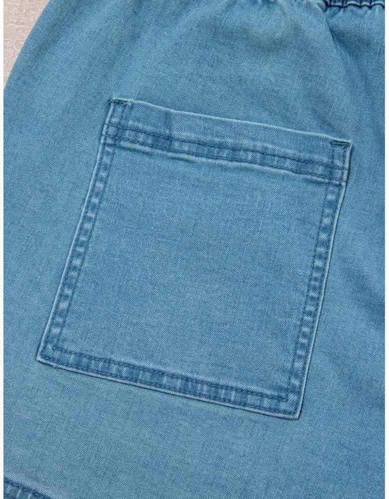 Beau Blue Contrast Drawstring Elastic Waist Denim Shorts