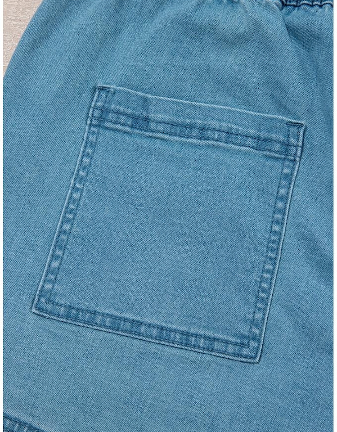 Beau Blue Contrast Drawstring Elastic Waist Denim Shorts