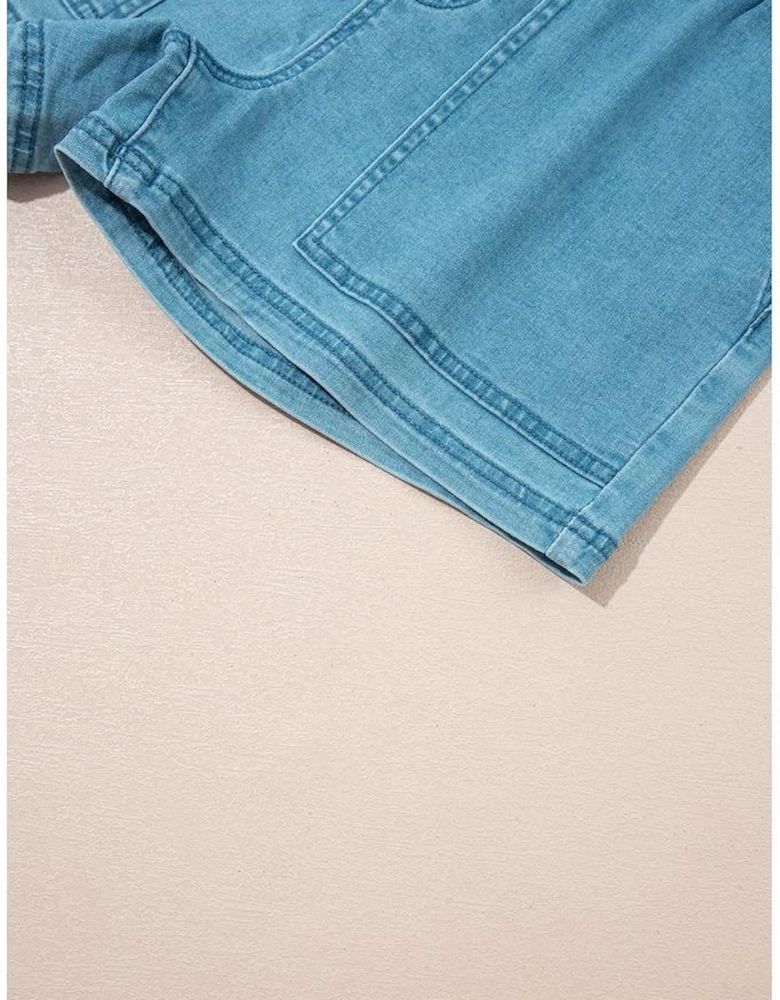 Beau Blue Contrast Drawstring Elastic Waist Denim Shorts