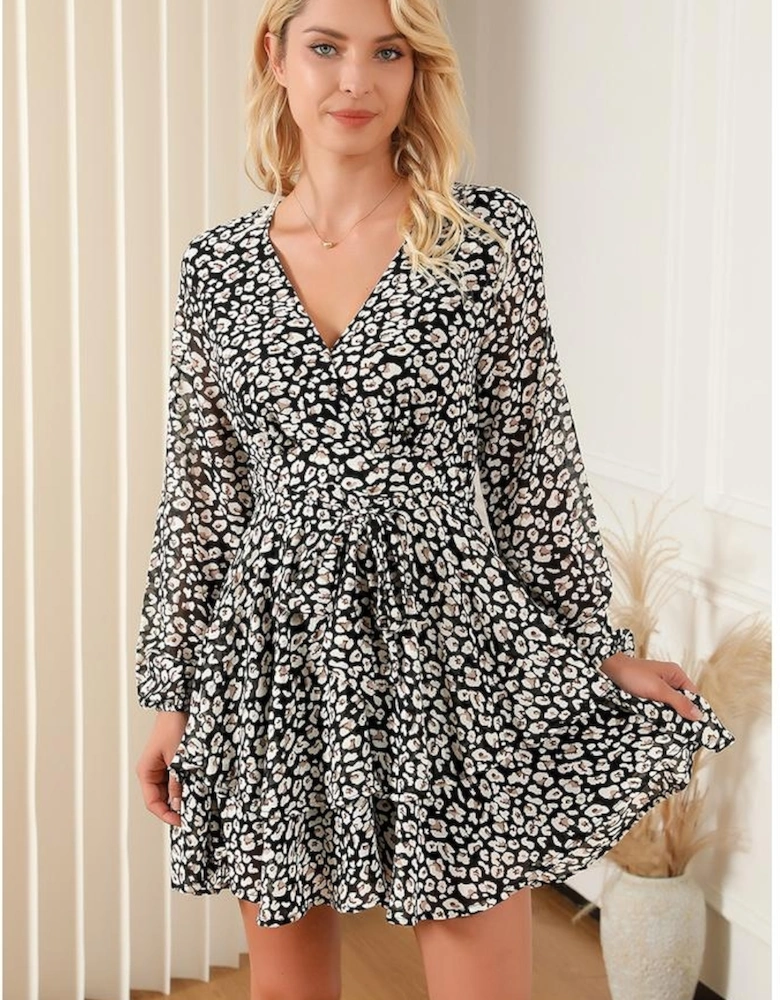 Black V Neck Baggy Sleeve Waist Tie Double Layer Ruffle Hem Leopard Print Dress
