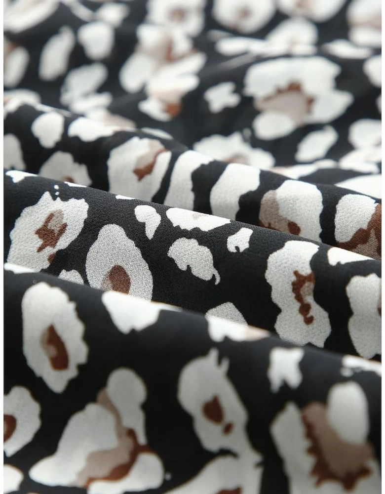 Black V Neck Baggy Sleeve Waist Tie Double Layer Ruffle Hem Leopard Print Dress