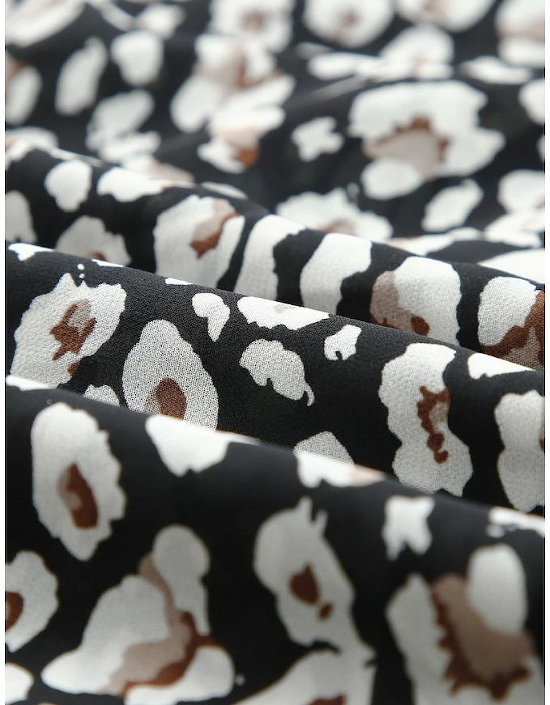 Black V Neck Baggy Sleeve Waist Tie Double Layer Ruffle Hem Leopard Print Dress